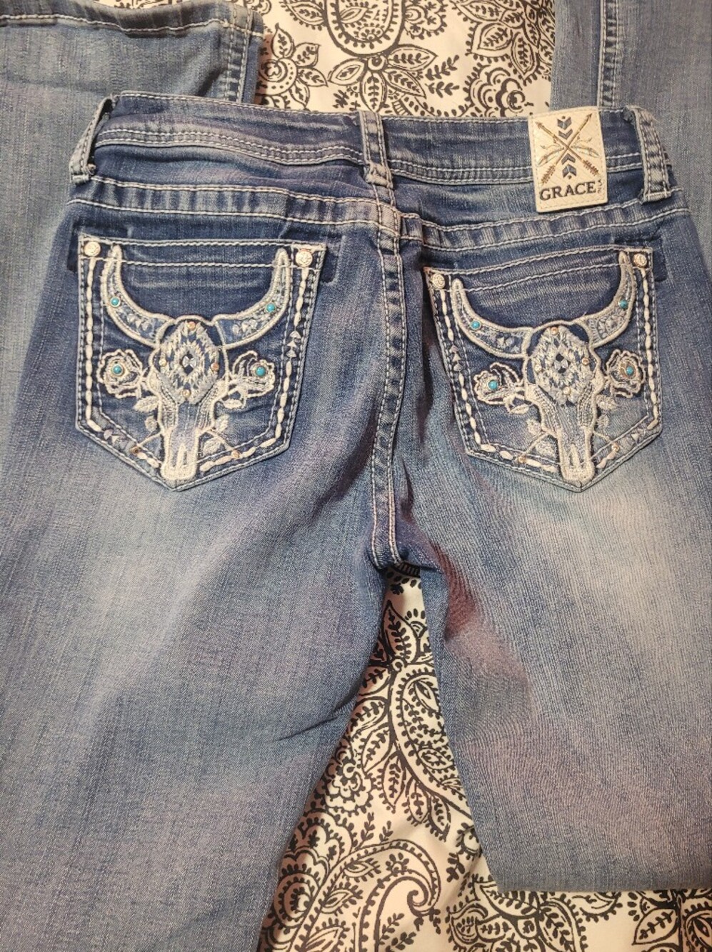 Grace In LA Light Blue Boot Cut Jeans with Skull Size 2 I Believe Check Measure